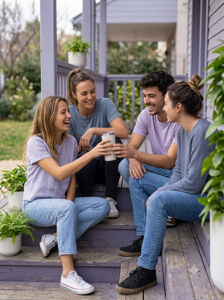 Four friends sitting on porch steps sharing a Grovia tumbler