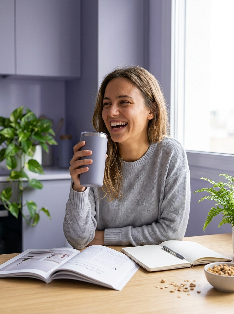 Woman laughing at a kitchen table with a Grovia tumbler and breakfast setup
