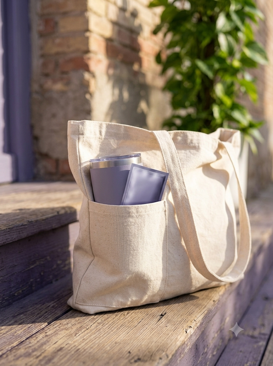 Tote bag with a Grovia tumbler and sachet tucked in the side pocket