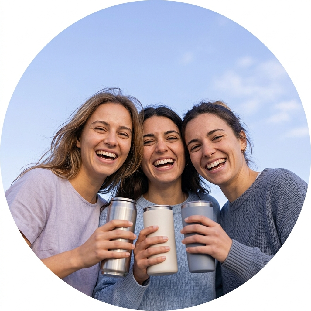 Three friends laughing together, each holding a Grovia tumbler